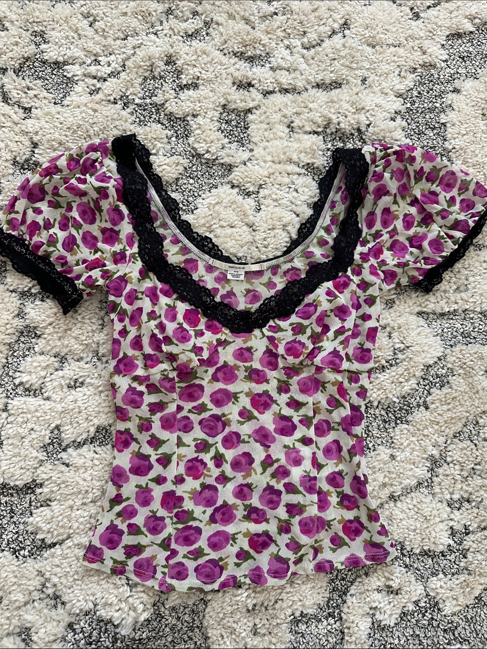 Kimchi Blue Purple Floral Scoop Neck Top with Black Lace Trim